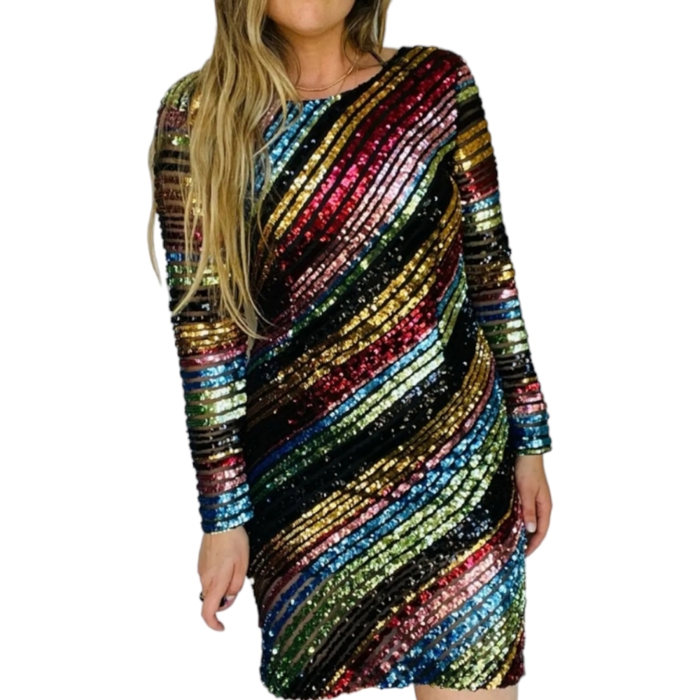 Alcollique Peyton Black Rainbow Sequin Dress, Made in Italy, 44 (US 8)
